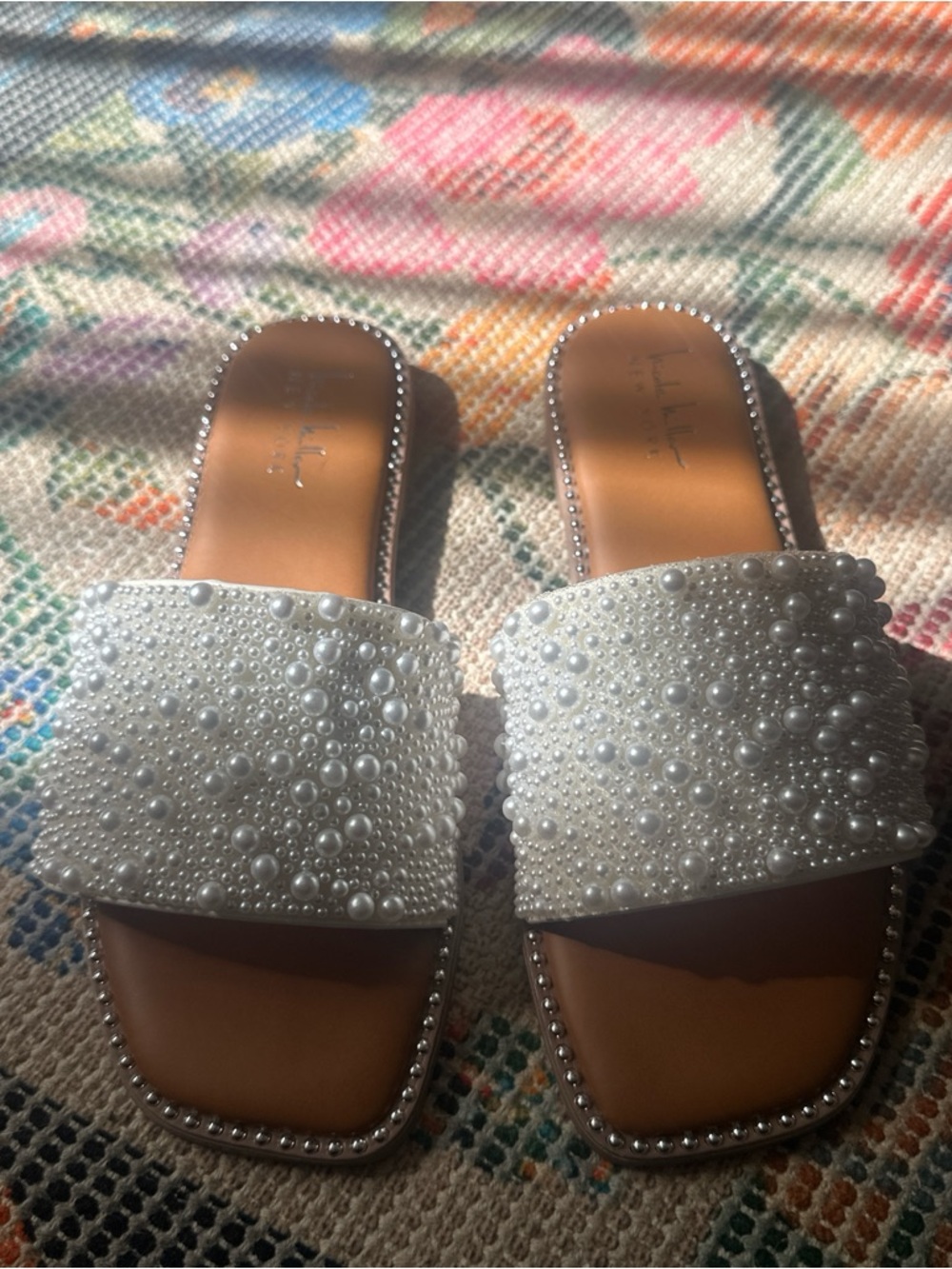 Pearl-Embellished White Slides
